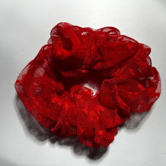 Red Tule Fabric Hand-Sewn Scrunchie with Heart Pattern - Picture 1 of 2